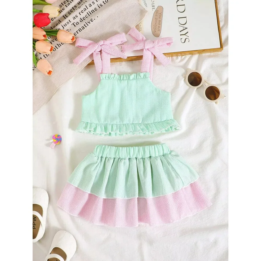 Children's Tie Strap Top & Layered Skirt Set